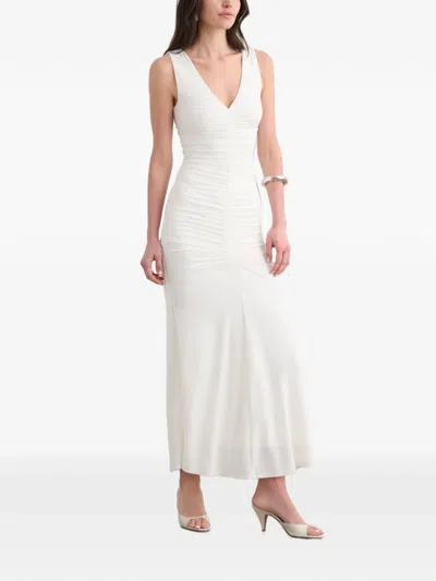 Toccin Inez Sleeveless V-neck Ruched Midi Dress In White