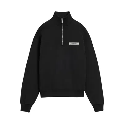 Jacquemus High Neck Zip Sweatshirt With Logo Detail And Gathered Cuffs In Black