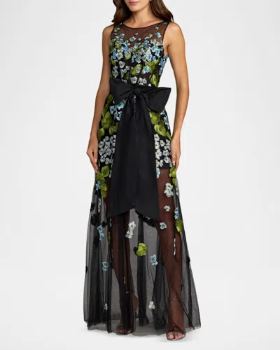 Mac Duggal Sleeveless Mesh Applique Gown With Bow Belt In Black