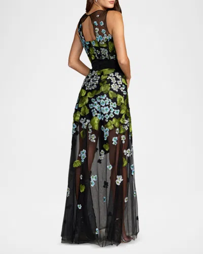 Mac Duggal Sleeveless Mesh Applique Gown With Bow Belt In Black