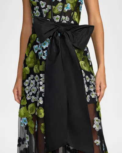 Mac Duggal Sleeveless Mesh Applique Gown With Bow Belt In Black
