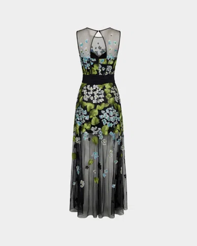 Mac Duggal Sleeveless Mesh Applique Gown With Bow Belt In Black