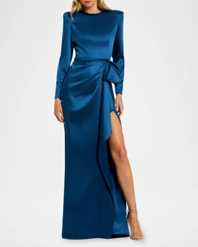 Mac Duggal Long Sleeve Structured Bow Draped Column Gown In Blue
