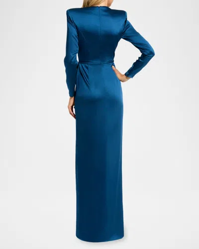 Mac Duggal Long Sleeve Structured Bow Draped Column Gown In Blue