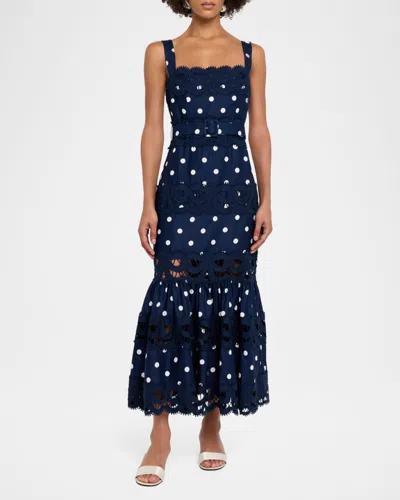 Self-portrait Belted Polka-dot Linen And Cotton-blend Midi Dress In Blue