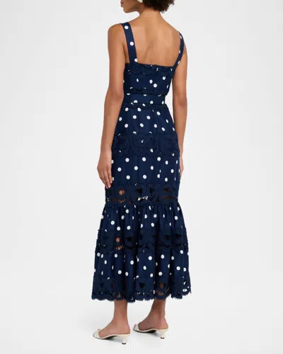 Self-portrait Belted Polka-dot Linen And Cotton-blend Midi Dress In Blue