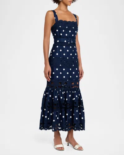 Self-portrait Belted Polka-dot Linen And Cotton-blend Midi Dress In Blue