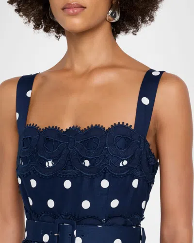 Self-portrait Belted Polka-dot Linen And Cotton-blend Midi Dress In Blue