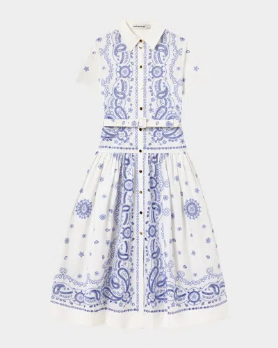 Self-portrait Embroidered Cotton Belted Midi Dress In Blue