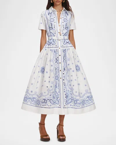 Self-portrait Embroidered Cotton Belted Midi Dress In Blue