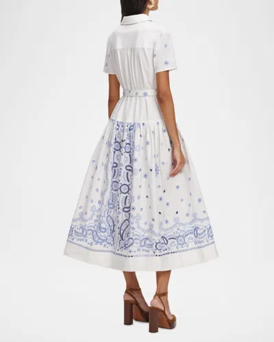 Self-portrait Embroidered Cotton Belted Midi Dress In Blue