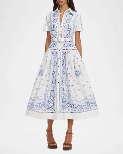 Self-portrait Embroidered Cotton Belted Midi Dress In Blue