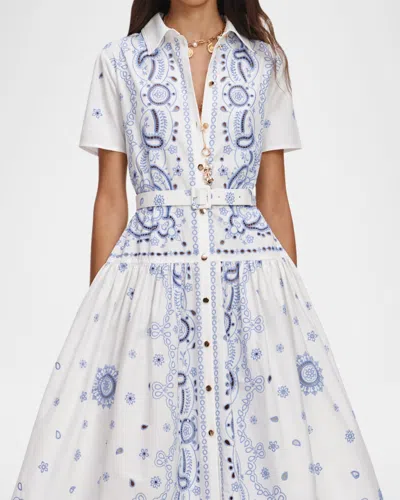 Self-portrait Embroidered Cotton Belted Midi Dress In Blue