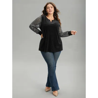 Bloomchic Velvet Patchwork Mesh Sequin Notched T-shirt In Black