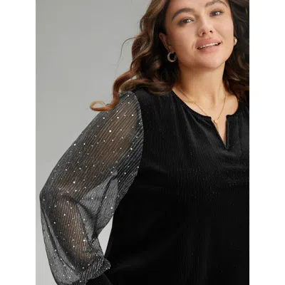Bloomchic Velvet Patchwork Mesh Sequin Notched T-shirt In Black