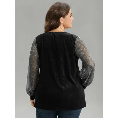 Bloomchic Velvet Patchwork Mesh Sequin Notched T-shirt In Black