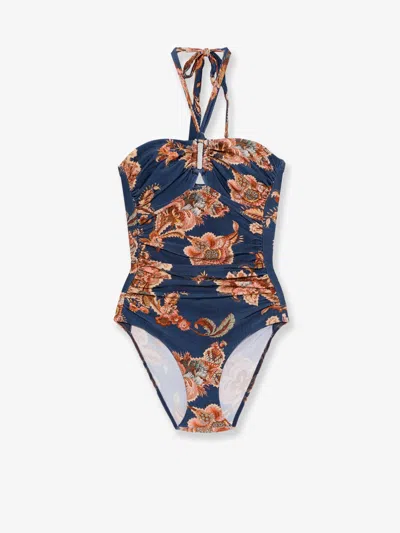 Zimmermann Aster Printed Halterneck Stretch-polyamide Swimsuit In Multi