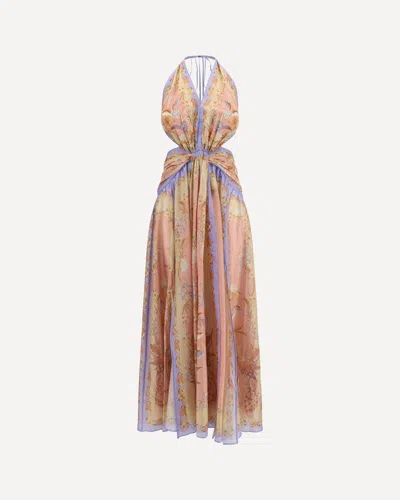 Zimmermann Indra Plunge Printed Metallic Cotton And Silk-blend Halterneck Maxi Dress In Brown