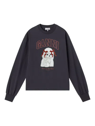 Ganni Organic Cotton Crew Neck Graphic Sweater In Black