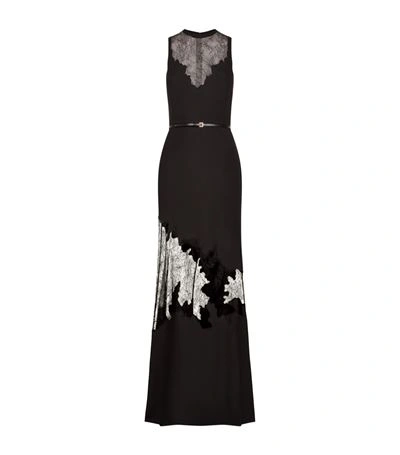 Elie Saab Lace-insert Belted Crepe Gown In Black