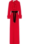 GUCCI VELVET-TRIMMED RUFFLED STRETCH-CREPE GOWN