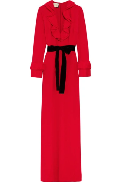 Shop Gucci Velvet-trimmed Ruffled Stretch-crepe Gown