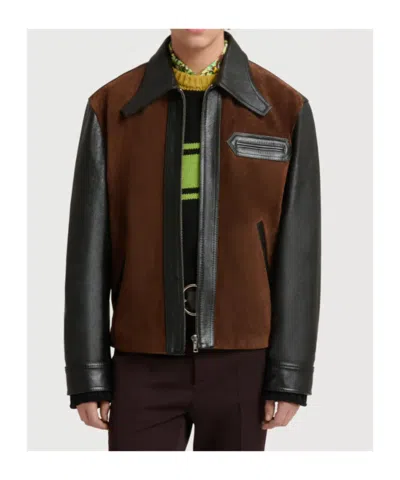 Marni Black Leather Jacket With Crust Front In Multi