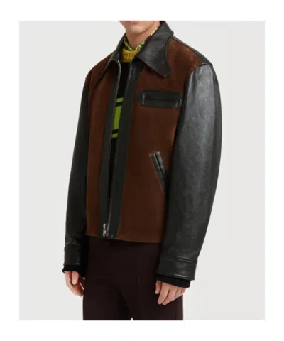 Marni Black Leather Jacket With Crust Front In Multi