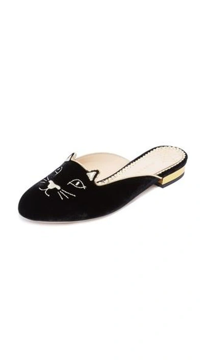 Shop Charlotte Olympia Kitty Slippers In Black/gold