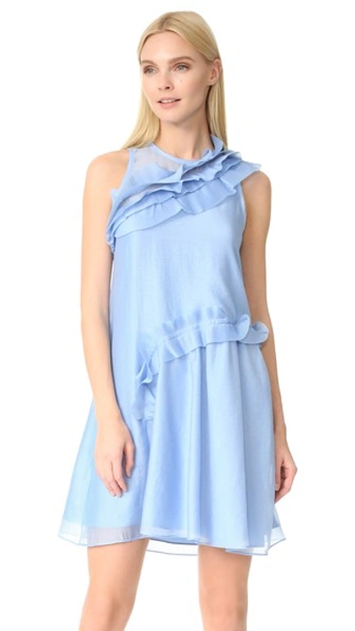 Shop Carven Pleated Ruffle Dress In Bleu Clair