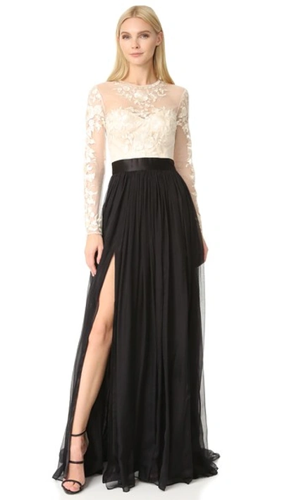 Catherine Deane Floral-embroidered Chiffon-skirt Gown, White Pattern In Cream/black