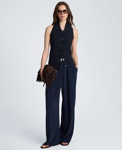 Kenneth Cole Collared Halter Sweater With Button Front In Blue