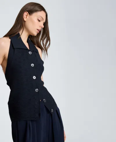 Kenneth Cole Collared Halter Sweater With Button Front In Blue