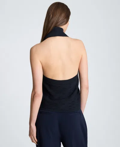 Kenneth Cole Collared Halter Sweater With Button Front In Blue