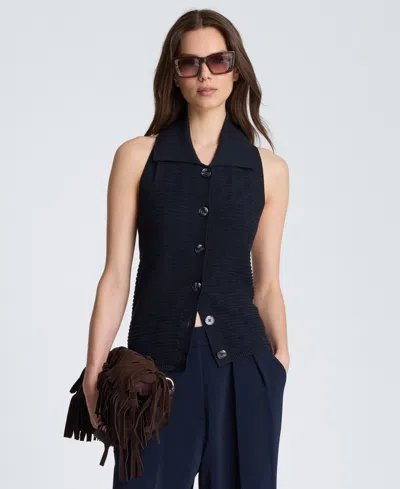 Kenneth Cole Collared Halter Sweater With Button Front In Blue