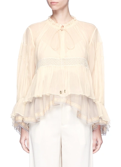 Shop Chloé Floral Lace Trim Ruffle Silk Crépon Top