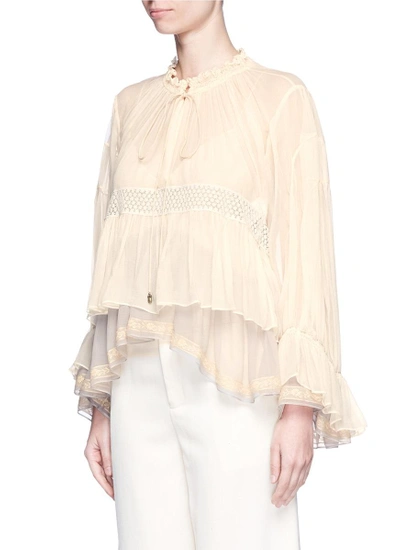 Shop Chloé Floral Lace Trim Ruffle Silk Crépon Top