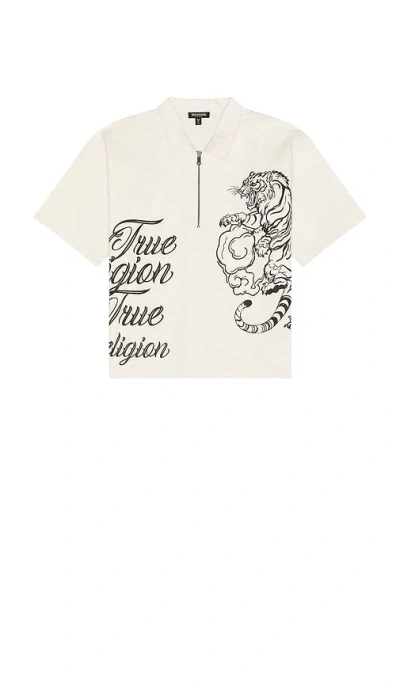True Religion Half Zip Tiger Short Sleeve Shirt In White