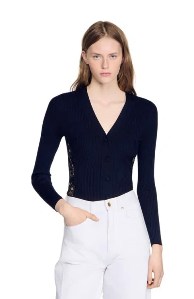 Sandro Cardigan With Lace Panel In Black