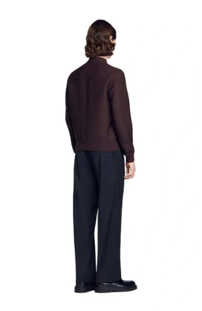 Sandro Mens Chocolate Ribbed-collar Regular-fit Technical Wool-blend Jacket In Brown
