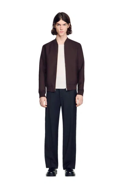 Sandro Mens Chocolate Ribbed-collar Regular-fit Technical Wool-blend Jacket In Brown