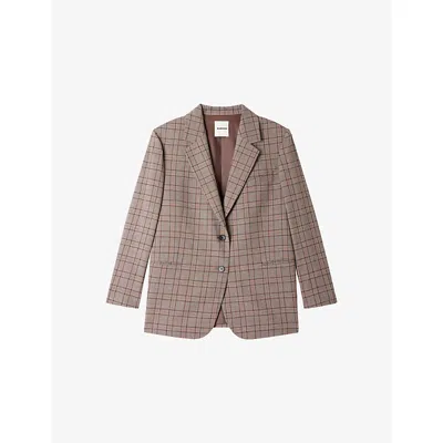 Sandro Womens Brown Check Single-breasted Wool-blend Blazer In Brown