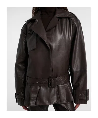 Rotate Birger Christensen Giacca Biker In Pelle Di Agnello Marrone Scuro Con Cintura Rotate In Brown