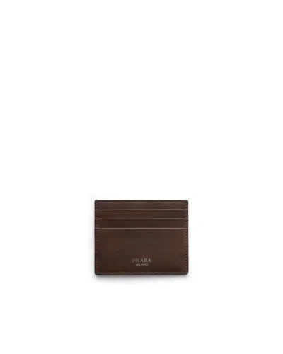 Prada Leather Card Holder In Brown