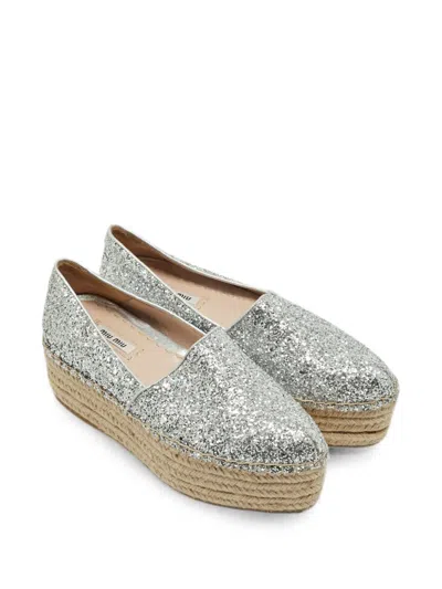 Pre-owned Miu Miu Glitter Platform Espadrilles In Silver