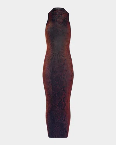Jean Paul Gaultier Multicolor Snake Print High Neck Polyamide Maxi Dress In Black