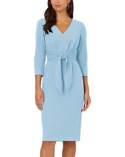 Adrianna Papell Three Quarter Sleeve Pleated Midi Dress With Tie Waist In Blue Mist