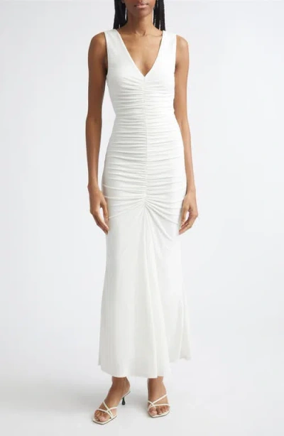 Toccin Inez Sleeveless V-neck Ruched Midi Dress In White