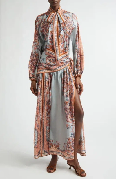 Zimmermann Paisley Floral Pure Silk Blouse With Self-tie Neck Detail In Multi