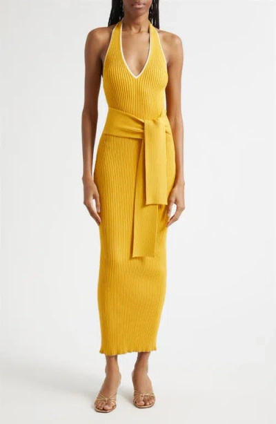 Toccin Allegra V-neck Tie-front Halter Midi Dress In Orange